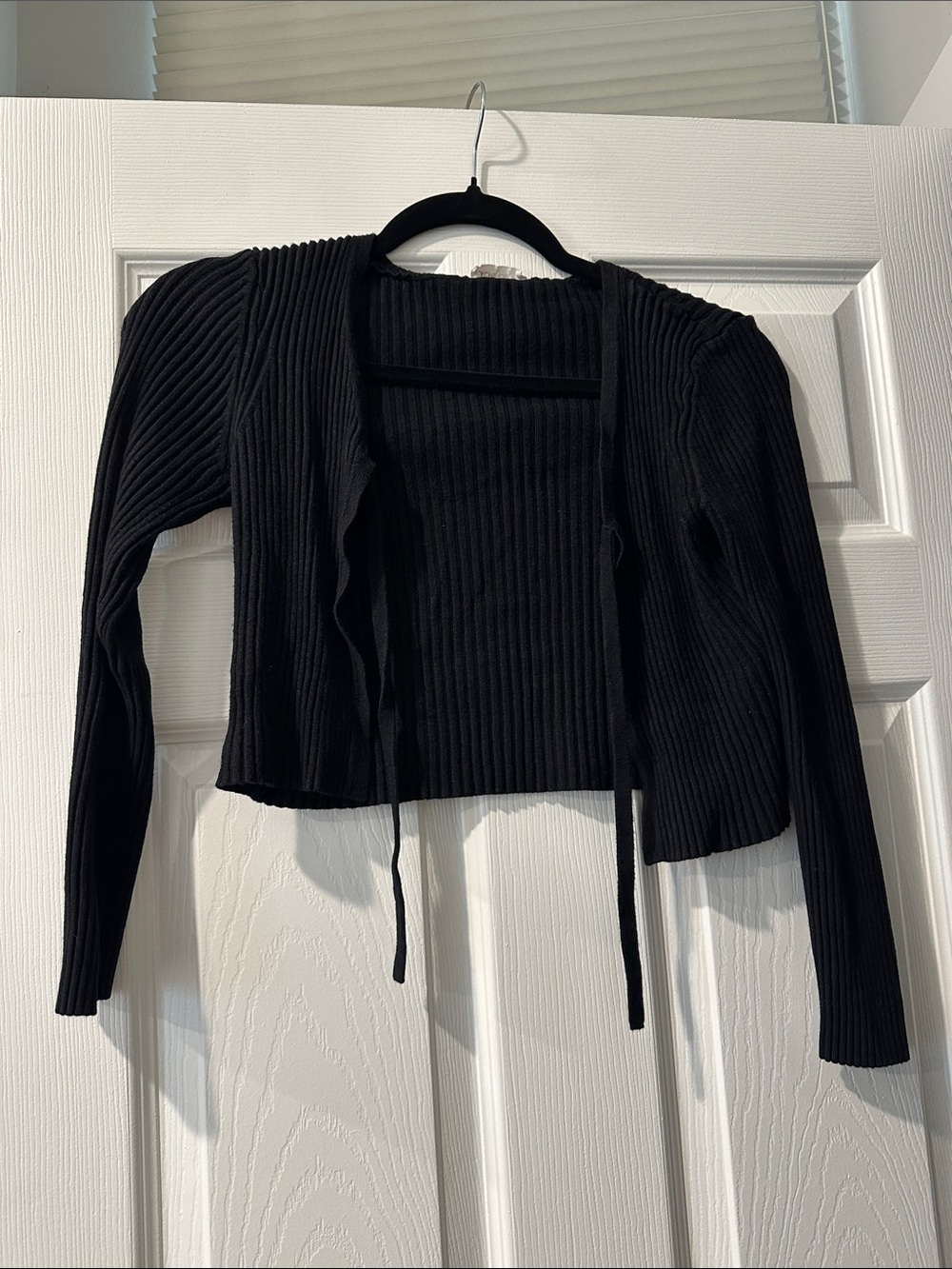 Cropped Ribbed Tie-Front Cardigan Sweater - Black